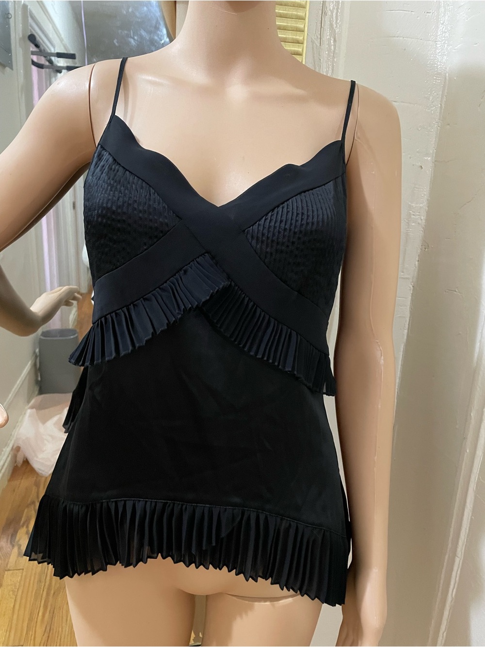 Diane Von Furstenberg Black Pleated V-Neck Silk Cami